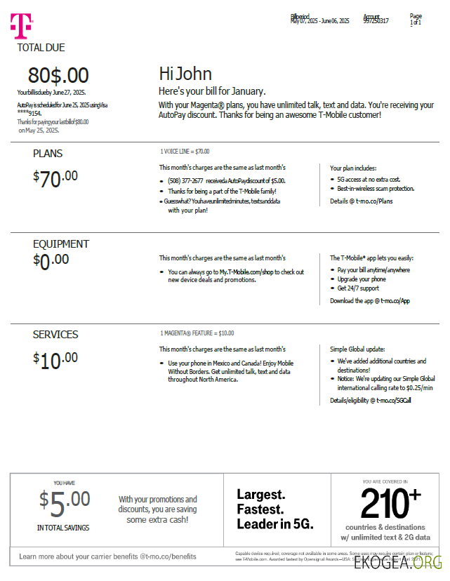 USA T mobile utility bill template in Word and PDF formats, version 3